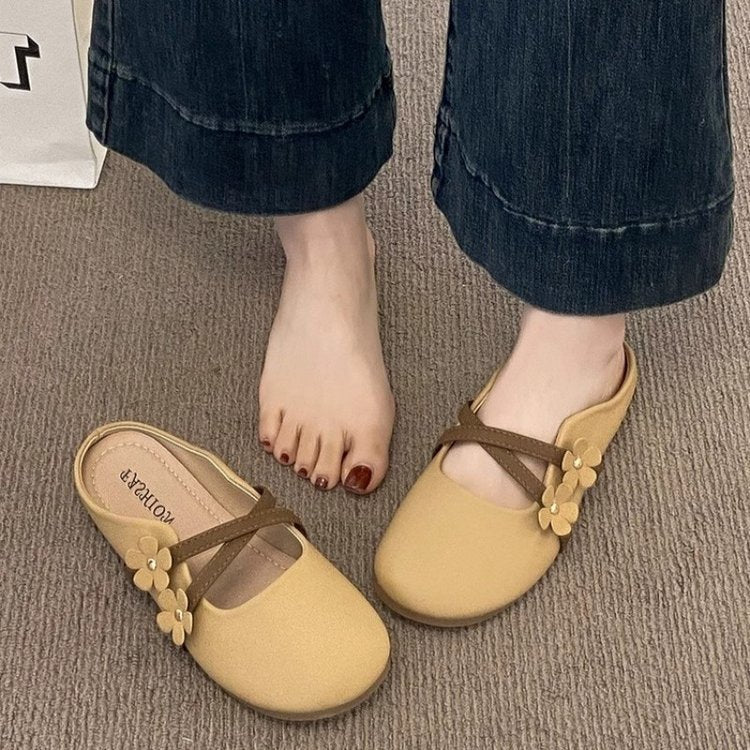 Women's Closed-Toe Flat Slip-On Shoes, Baotou Half Slippers
