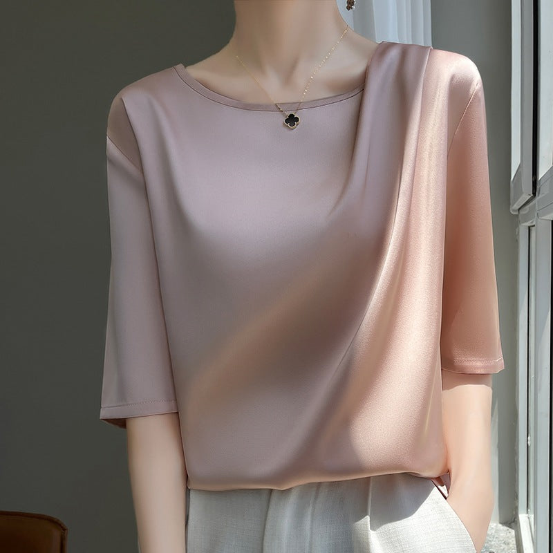 Women's Round Neck Half-Sleeve Top, Elegant Satin-Finish T-Shirt