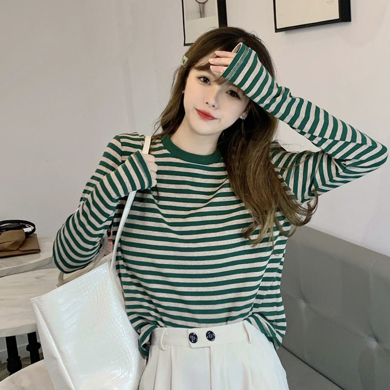 Women's Striped Color-Block Long Sleeve Top, Korean Style Tee
