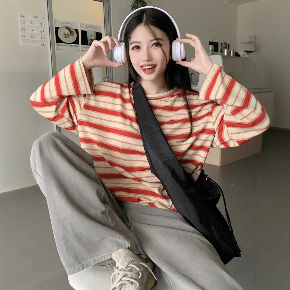 Women's Striped Slit Top, Round Neck Long Sleeve T-Shirt
