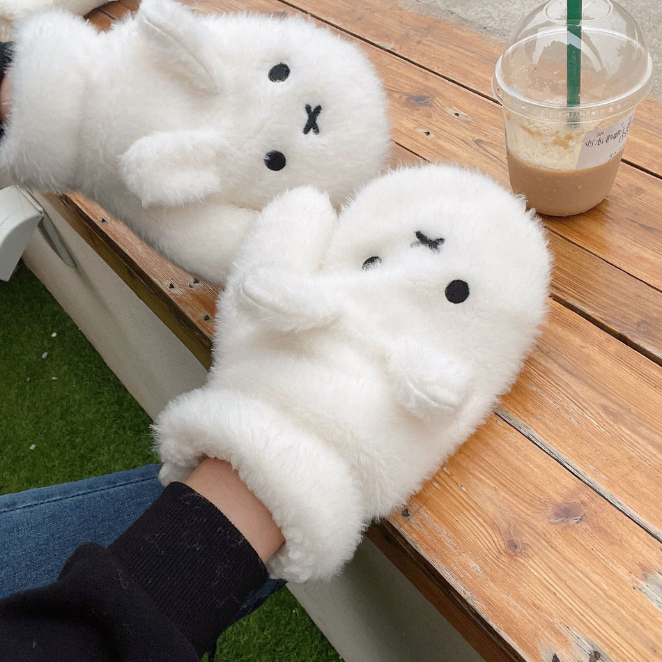 Beige Rabbit Plush Gloves for Warm Winter Student Cycling