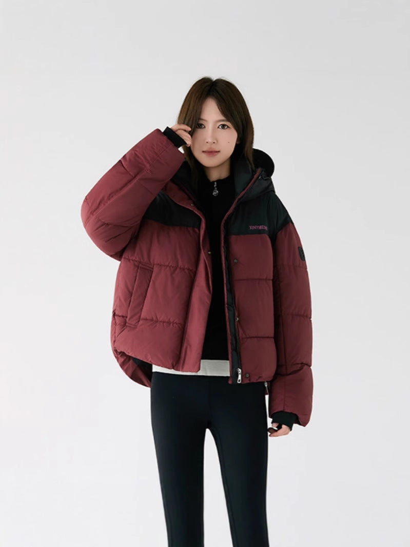 Unisex Winter Hooded Color Block Cotton Jacket Thickened Warm