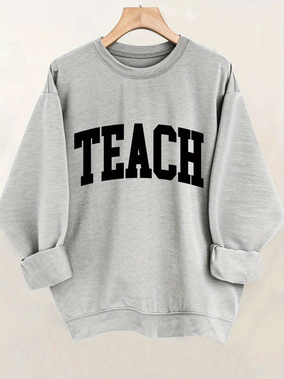 Women's Teach Print Fleece Sweatshirt Cozy Casual White