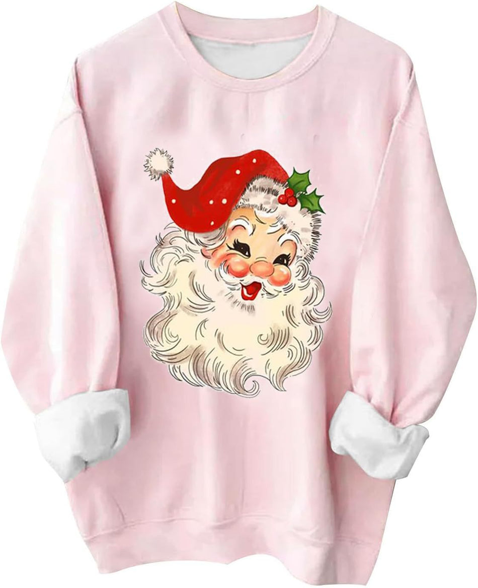 Women's Pink Christmas Printed Pullover Sweatshirt Loose Fit