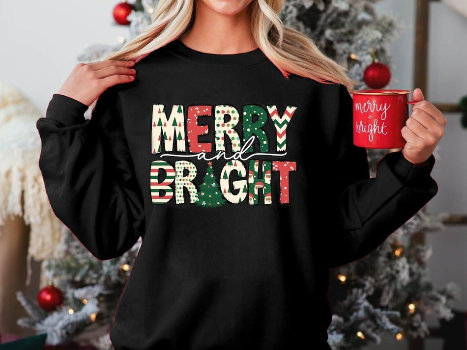 Women's Merry and Bright Christmas Print Crew Neck Sweatshirt