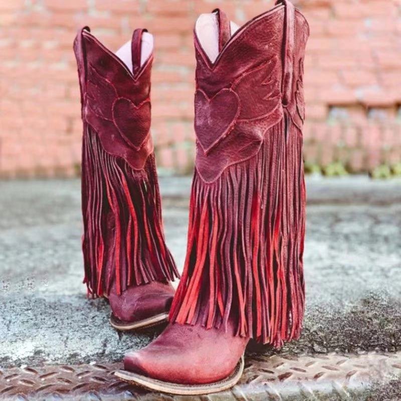 Women's Retro Pointed Tassel Mid-Calf Boots Thick High Heel