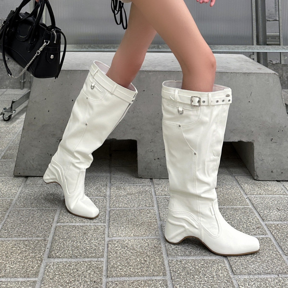 Women's Long Pleated Western Cowboy Boots Wide Cut Retro Style