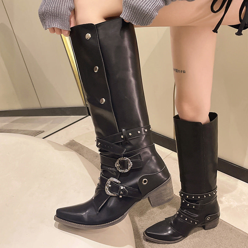 Women's Punk Over Knee Leather Boots Thick High Heel Style