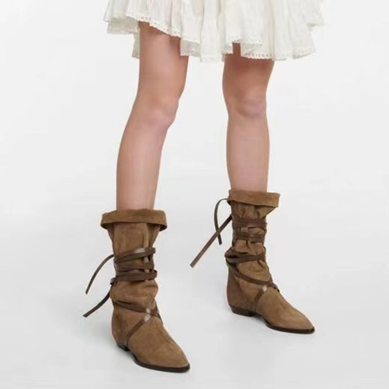Women's Retro Knight Lace-Up Pointed Toe Leather Cowboy Boots