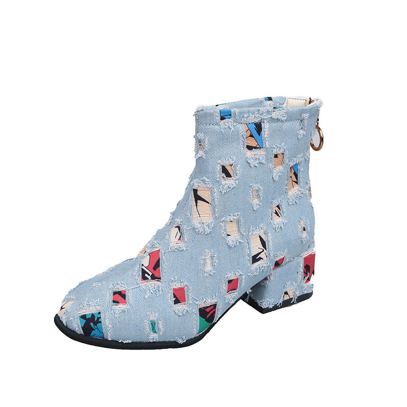 Women's Round Toe Denim Short Boots Thick Heel Martin Style