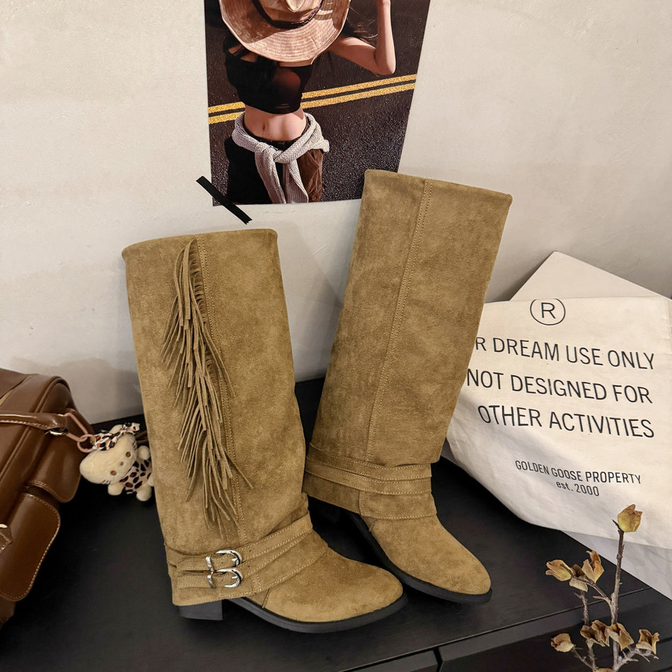 Women's Retro Tassel Knight Boots Thick Heel Fashion Style