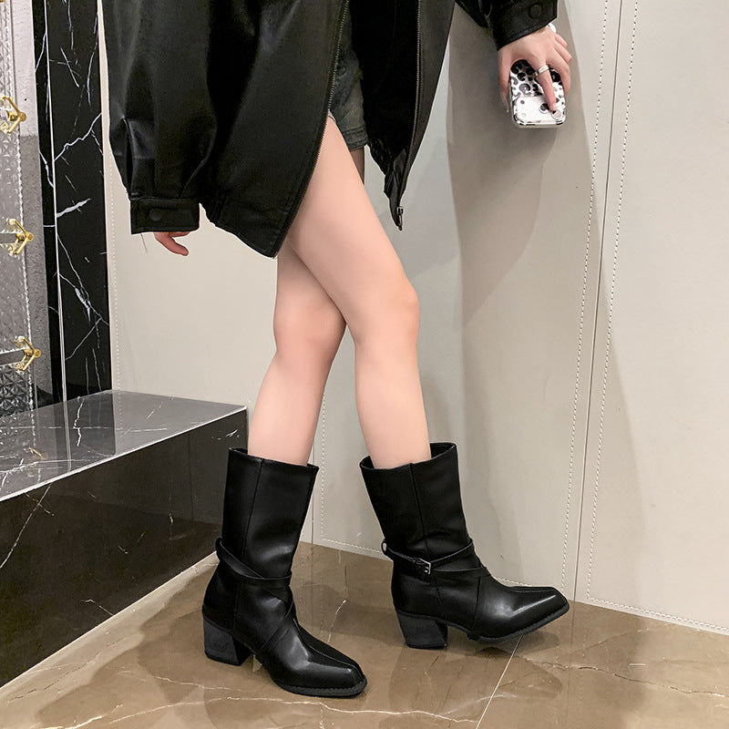 Women's Mid-Calf Knight Boots Belt Buckle Chunky High Heel