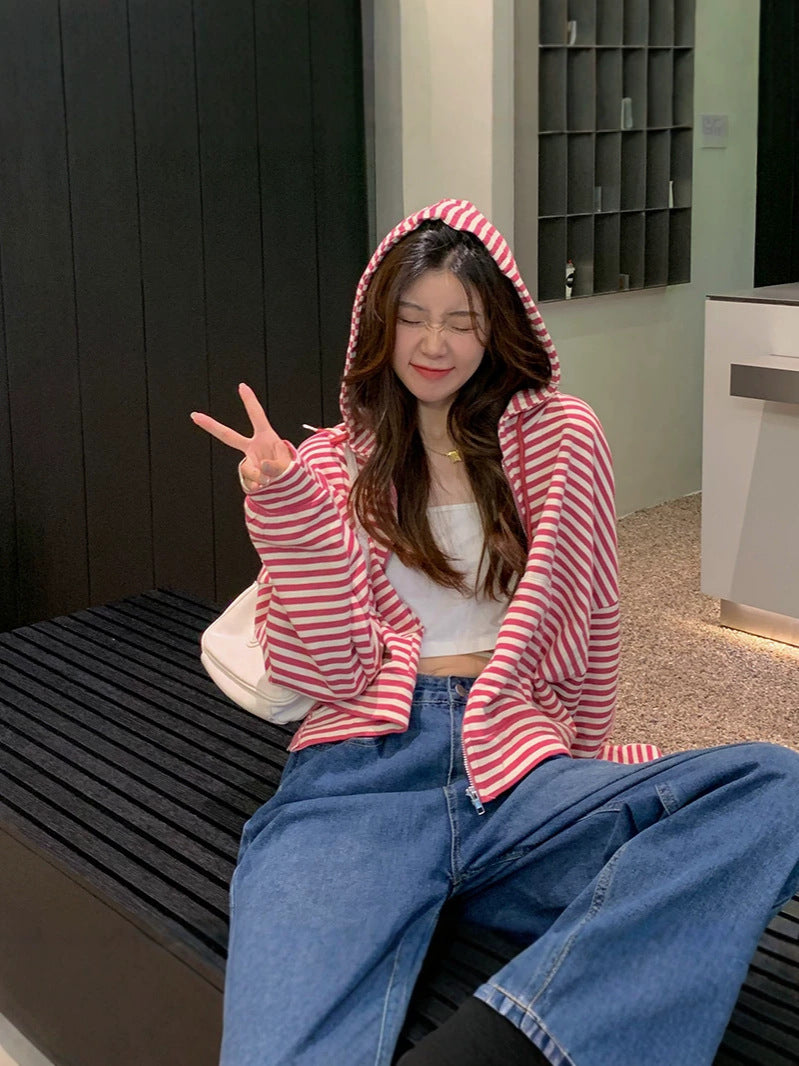 Women's Oversized Hooded Striped Cardigan Short Jacket