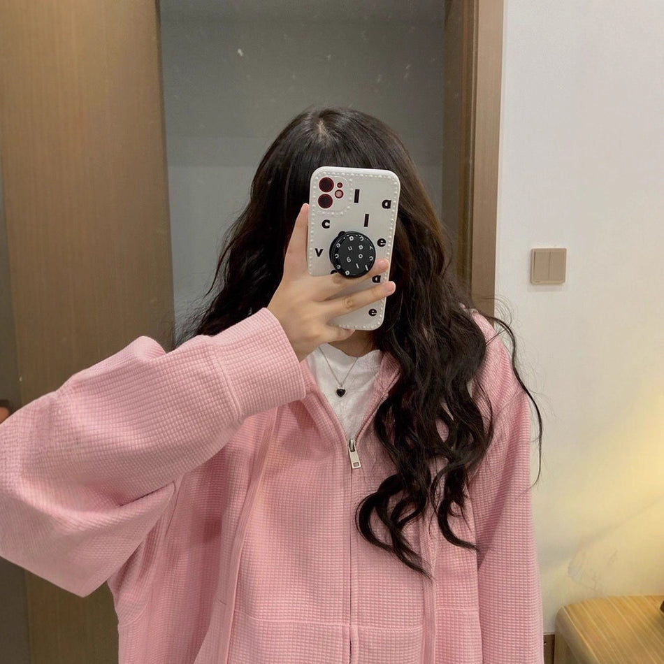 Women's Waffle Hooded Zipper Cardigan Solid Color Top
