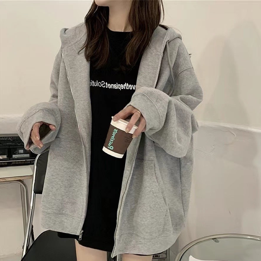 Women's Black Hooded Fleece Lined Loose Sweatshirt Jacket
