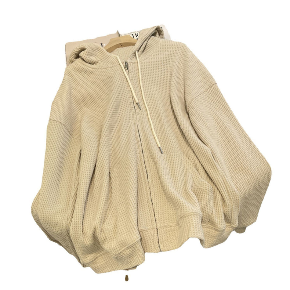 Women's Waffle Hooded Zipper Cardigan Loose Casual Jacket