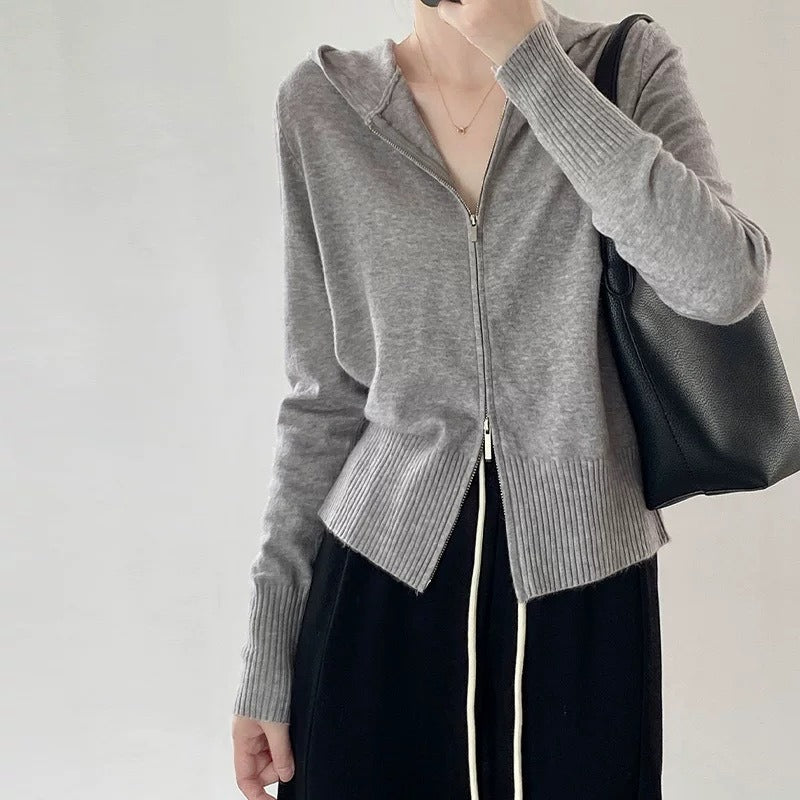 Women's Double Zipper Hooded Knit Cardigan Gray Jacket