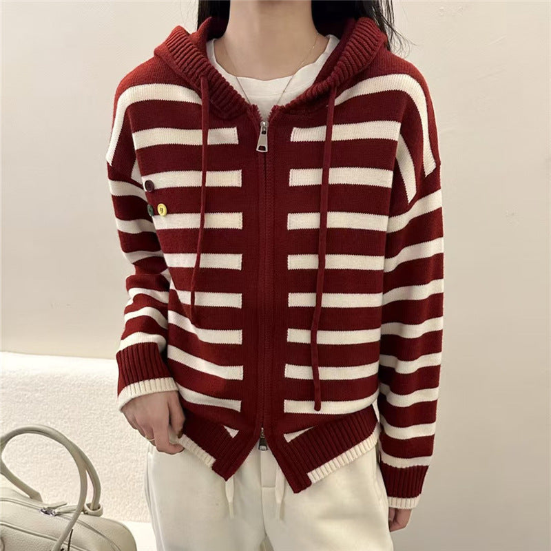 Women's Striped Knit Cardigan Sweater High-End Design Jacket