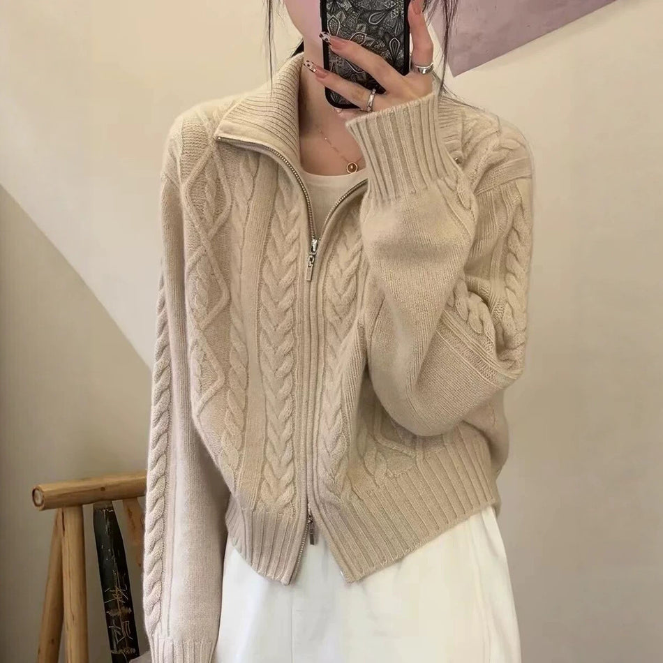 Women's Retro Turtleneck Zipper Twist Knit Cardigan Coat