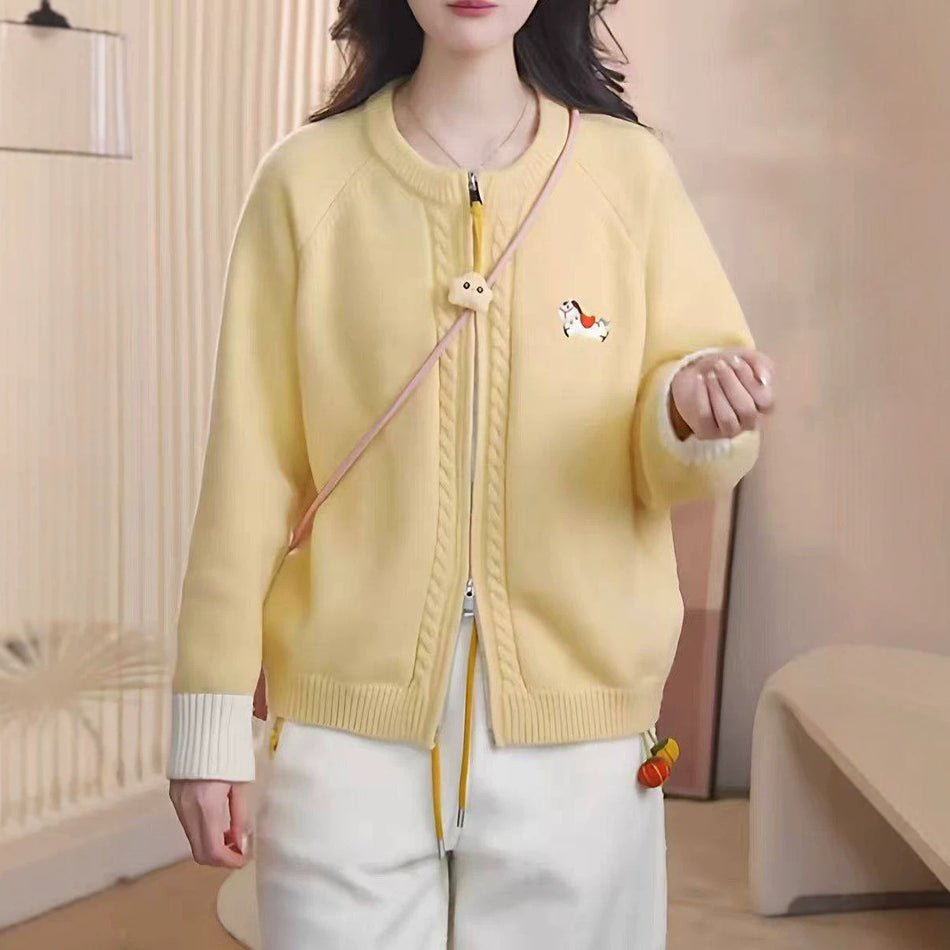 Women's Contrast Color Pony Embroidered Zipper Knit Cardigan