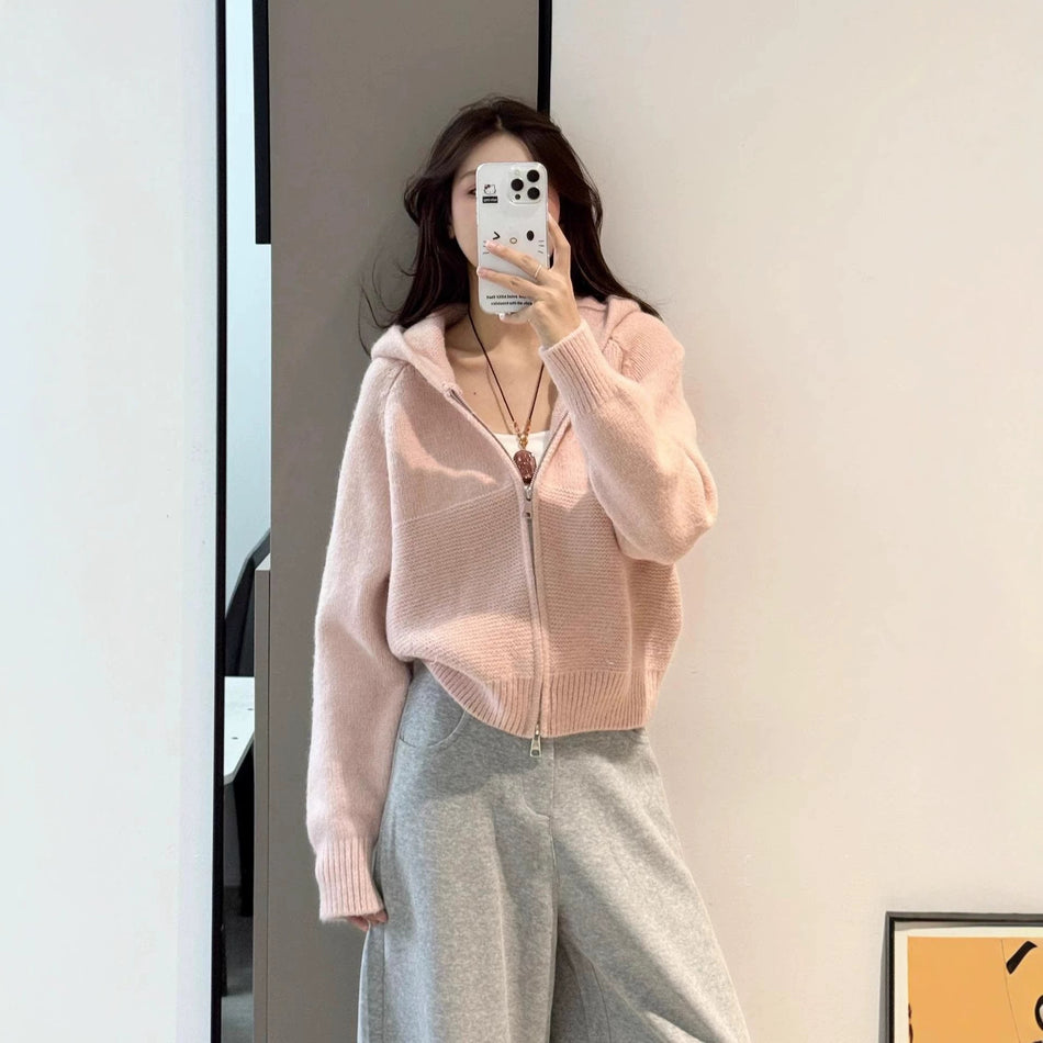 Women's Korean Wave Pattern Double Zipper Hooded Cardigan