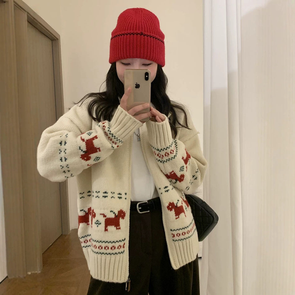 Women's Korean Jacquard Knit Zipper Cardigan Retro Sweater Coat