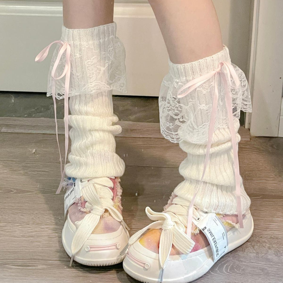 Girls White Lace Bow Stockings Y2K Style Leg Sleeves