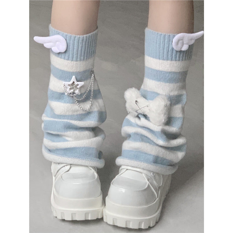 Women's Y2K Blue White Striped Rabbit Fur Leg Warmers