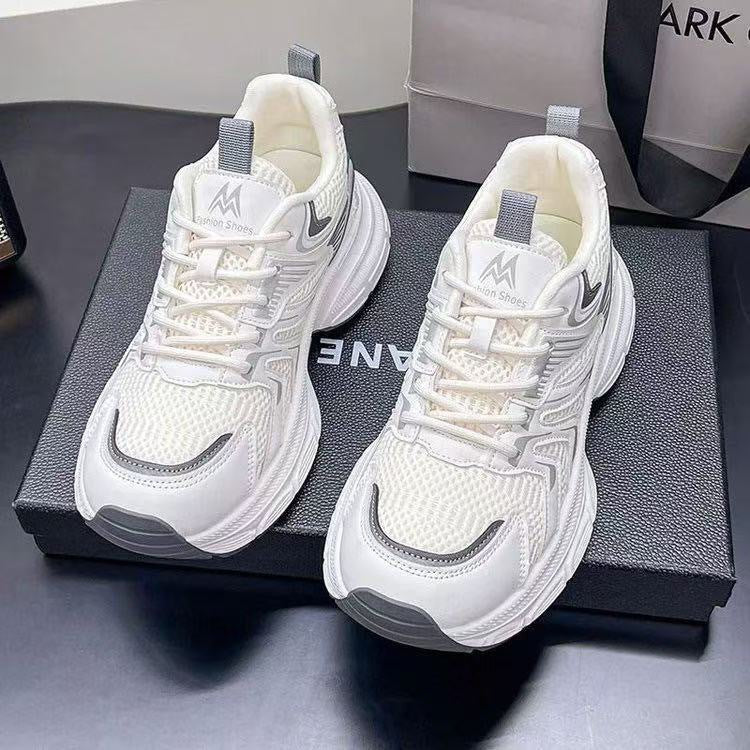 Women's Genuine Leather Dad Shoes Thick Sole Running Sneakers