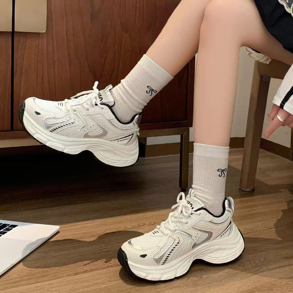 Women's White Thick Sole Height Increasing Dad Sneakers