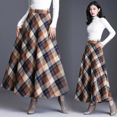 Retro Woolen Plaid Midi Skirt High Waist A-Line
