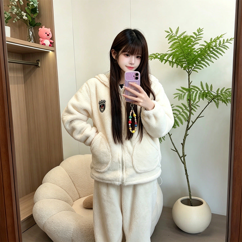 Women's Thick Fleece-Lined Hooded Pajama Set for Winter