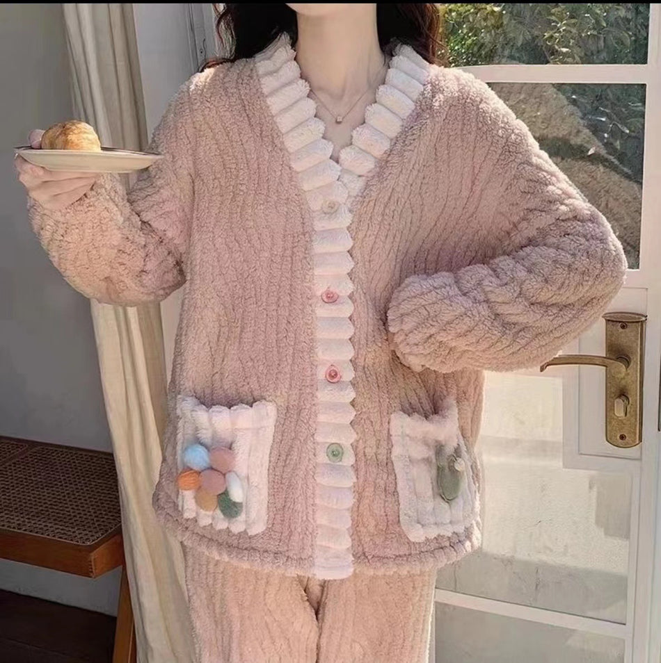Women's Rainbow Coral Fleece Cardigan Pajama Set for Winter