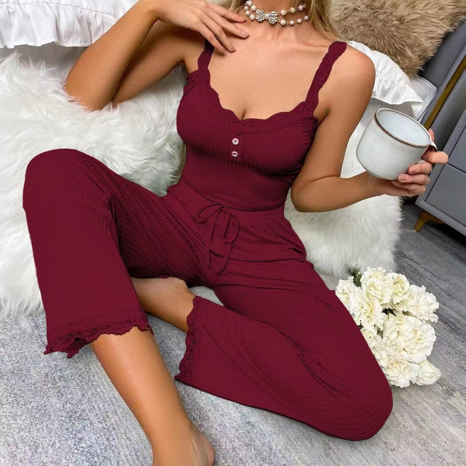 Women's Lace Suspender Pajama Set with V-Neck Milk Silk Fabric