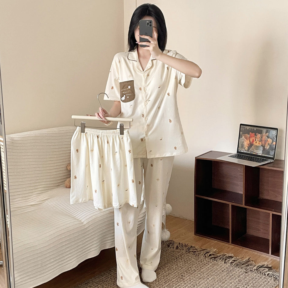 Women's Pure Cotton Short Sleeve Three-Piece Pajama Set