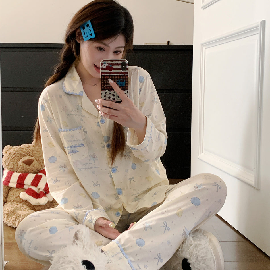 Women's Cotton Long Sleeve Lapel Pajama Set Homewear