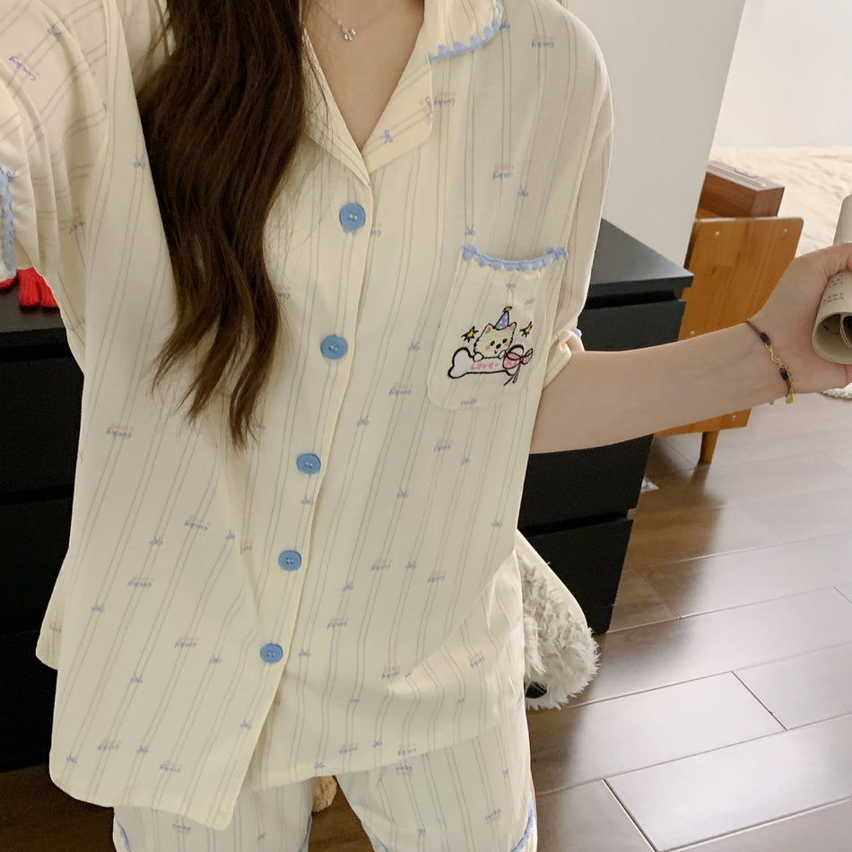 Women's Pure Cotton Short Sleeve Cartoon Pajama Set