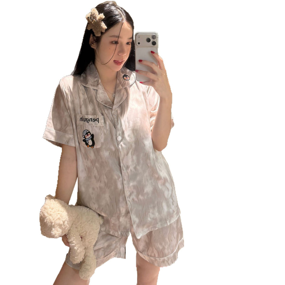 Women's Ice Silk Penguin Short Sleeve Pajama Set