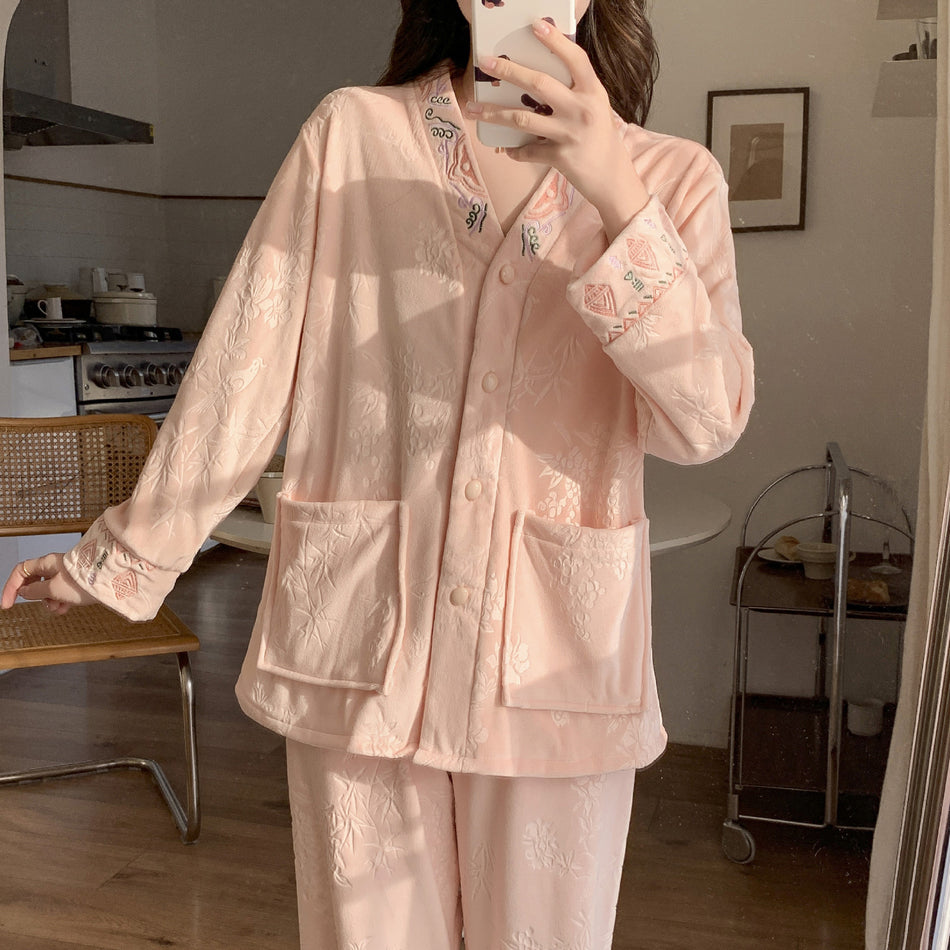 Women's Coral Velvet Embroidered Fleece Lined Pajama Set