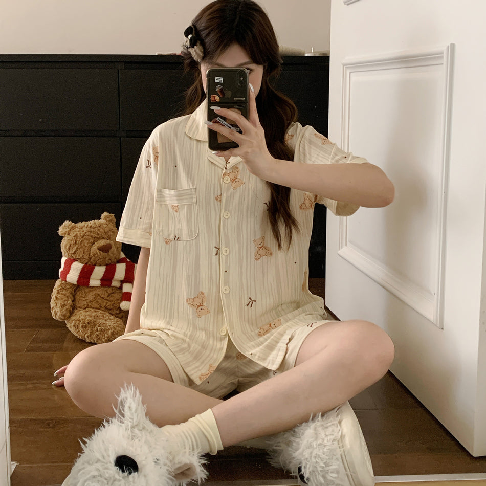 Women's Pure Cotton Striped Bear Short Sleeve Pajama Set