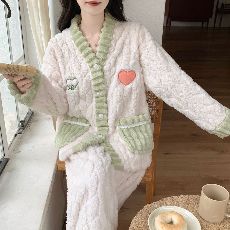 Women's Coral Velvet Fleece Lined Warm Pajama Set
