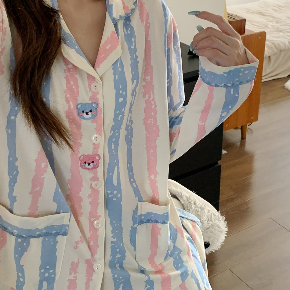 Women's Pure Cotton Bear Long Sleeve Lapel Pajama Set