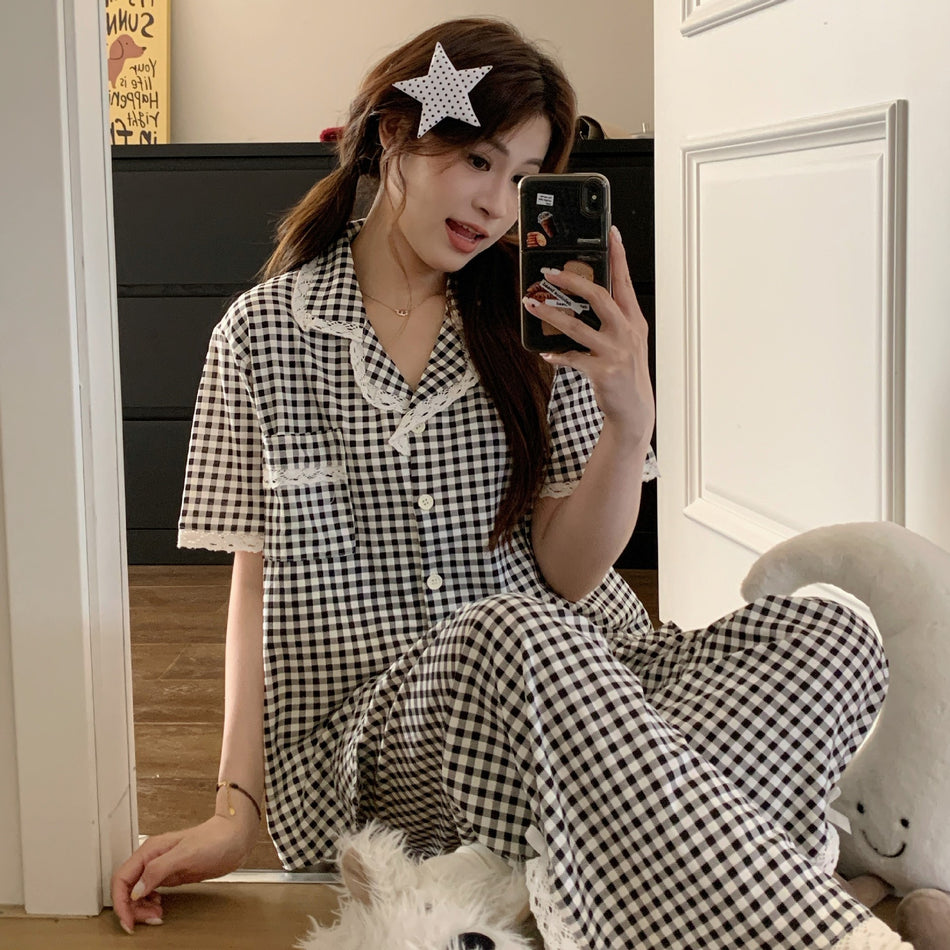 Women's Pure Cotton Plaid Short Sleeve Pajama Set