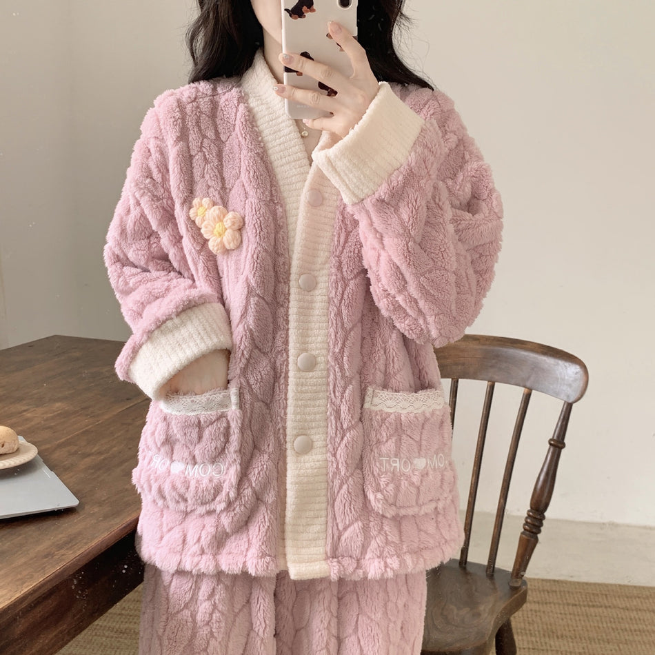 Women's Coral Fleece Thickened Warm Flannel Pajama Set