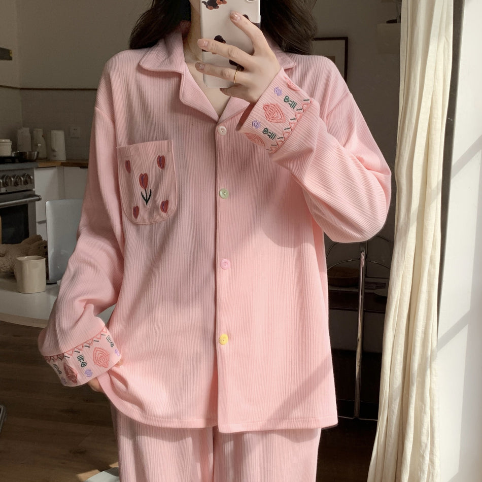 Women's Knitted Cotton Long Sleeve Lightweight Pajama Set