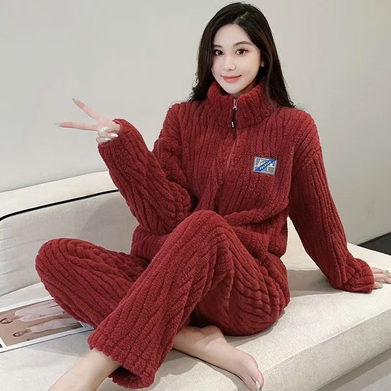 Women's Flannel Zipper Long Sleeve Winter Pajama Set