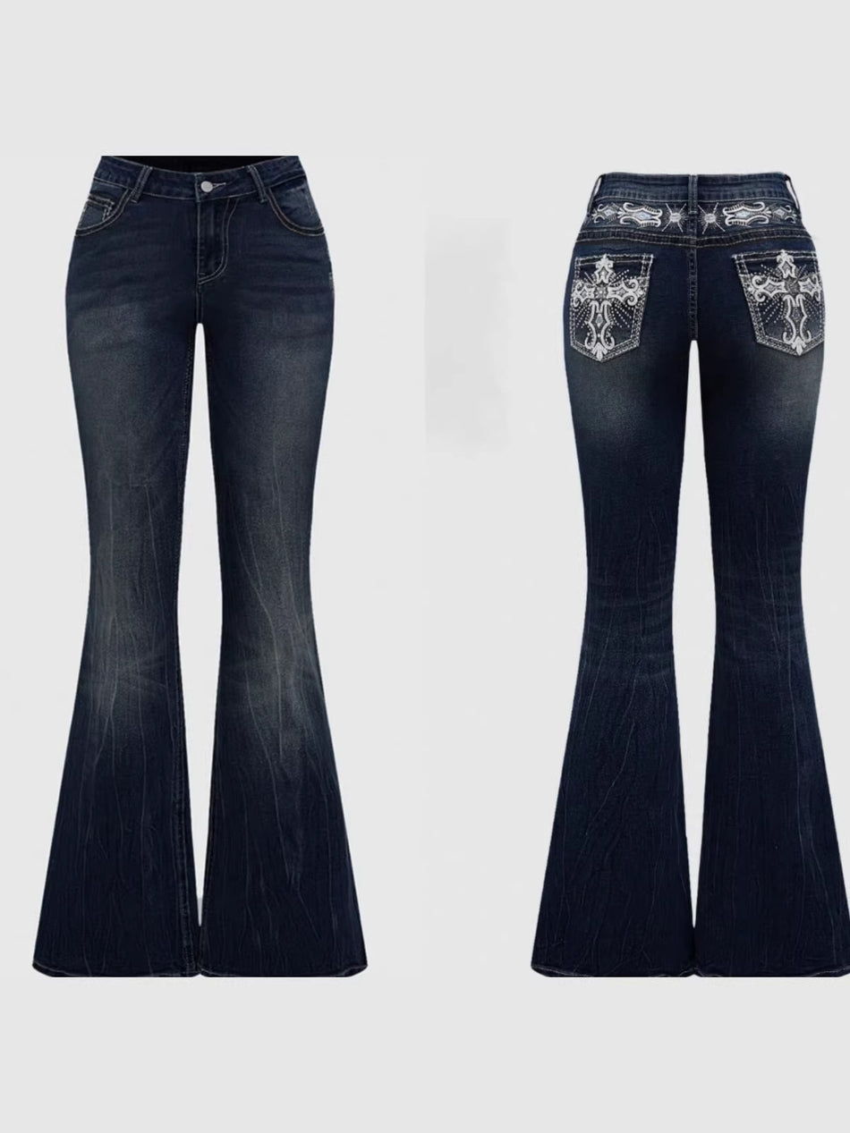 Women's Micro Flare Embroidered Cross Waist Slim Fit Jeans