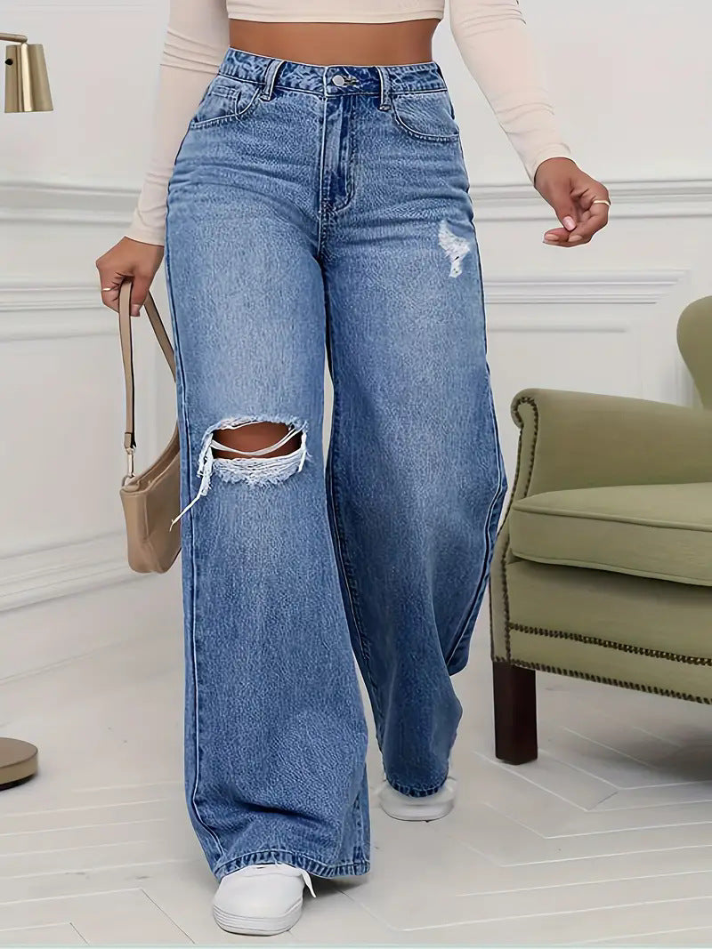 Women's High Waist Light Blue Ripped Wide Leg Jeans