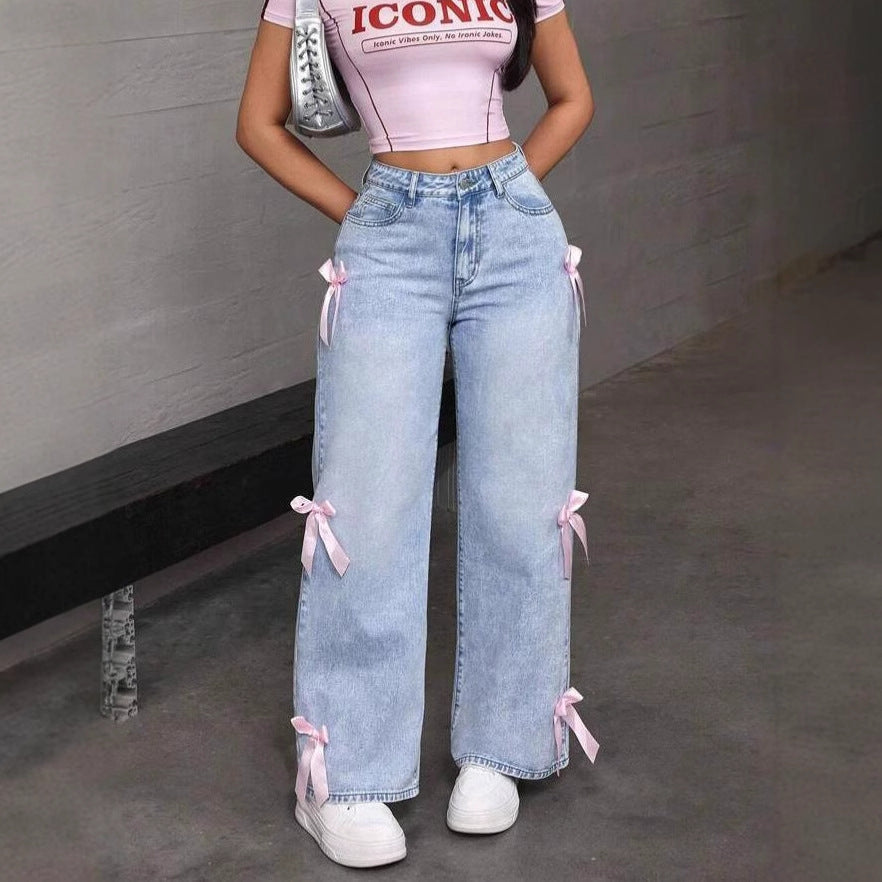 Women's Washed Bow Straight Leg Loose Fit Jeans