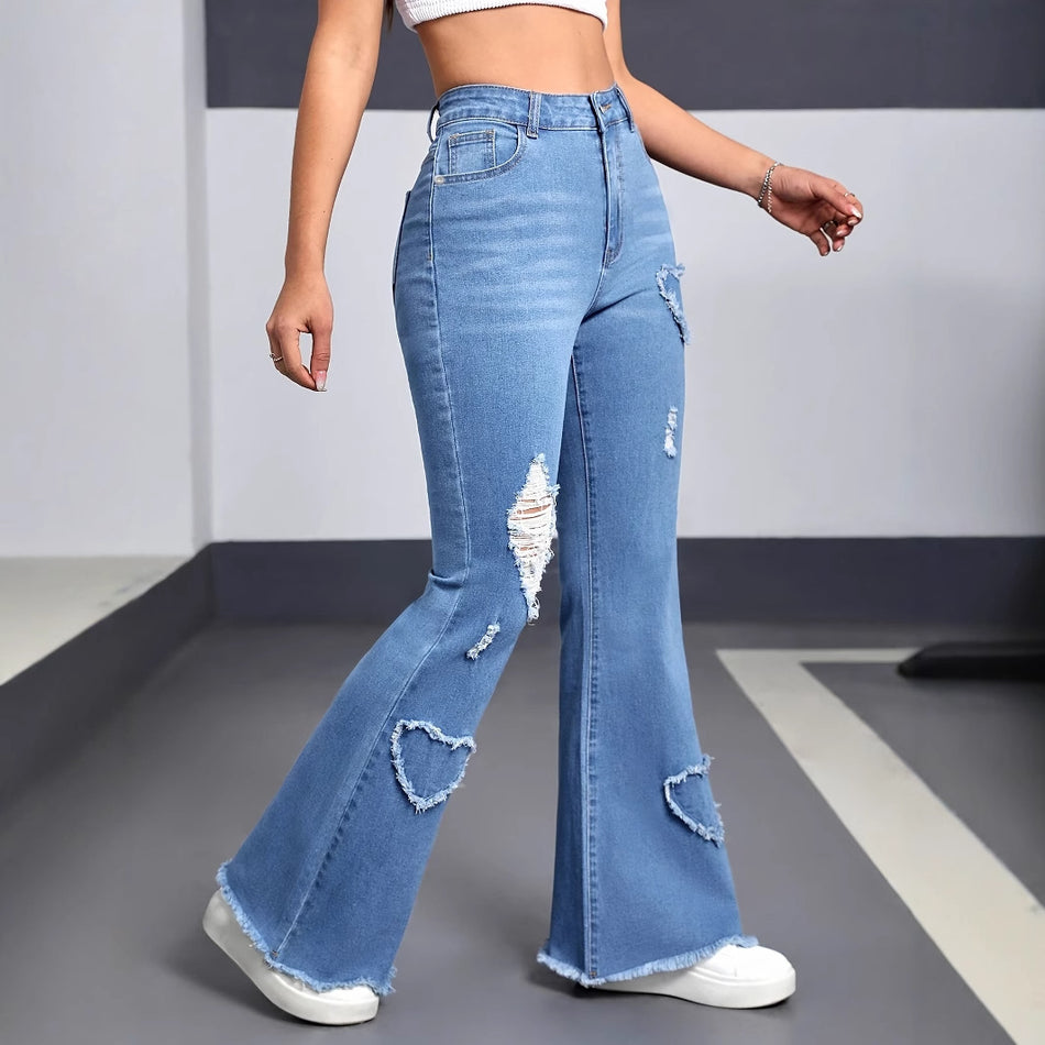 Women's High Waist Heart Detail Ripped Flare Jeans
